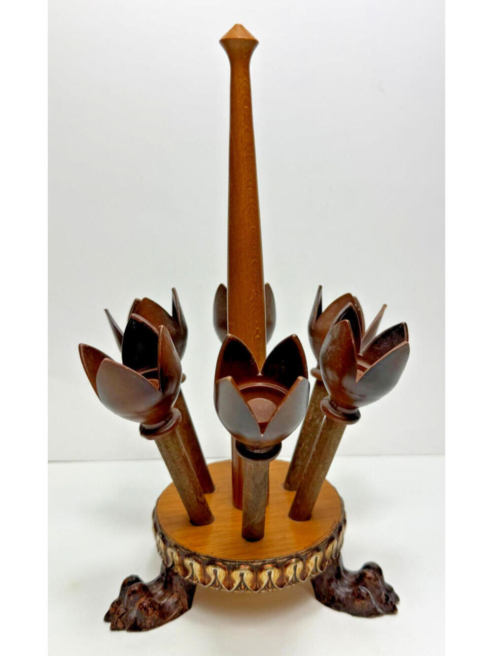 OOAK Vtg Wooden Flowers Footed Display Stand Small Organizer? Unique RARE